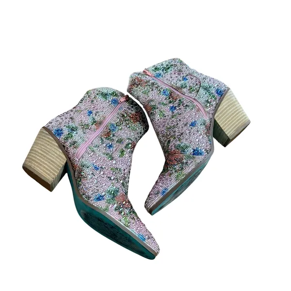 Betsey Johnson Dive F Pink Floral Rhinestone Ankle Bootie Sz 8 Western - Image 10