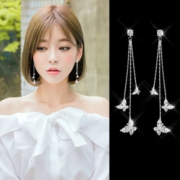 925 Silver Needle Crystal Butterfly Long Tassel Dangle Drop Earrings for Women - Image 4