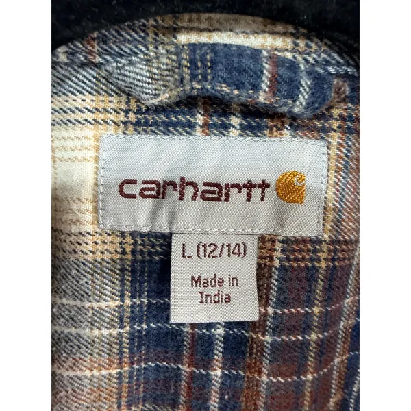 Carhartt Button Up Plaid Flannel Shirt Women's Large Blue Brown Cabincore Cozy - Image 4