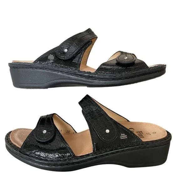 Finn Comfort 37D/6 Catalina Black Patent‎ Leather Soft Footbed Sandals EUC - Image 4
