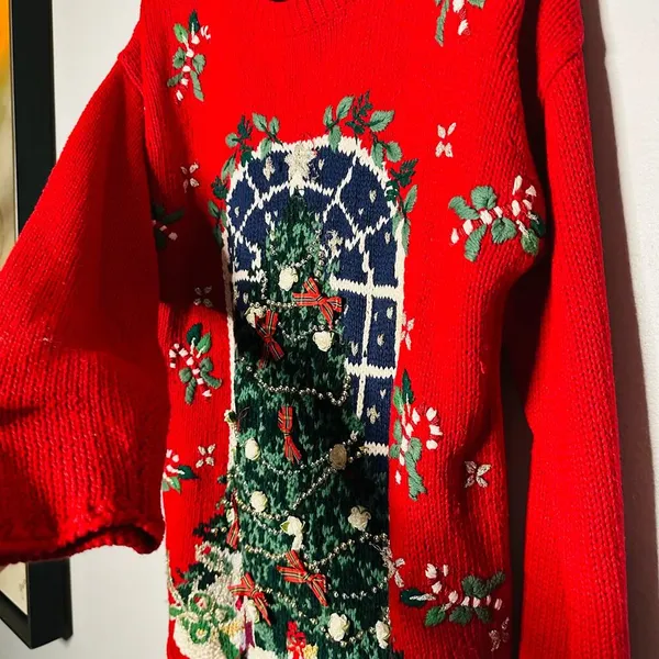 Vintage 90s Metropolitan New York Red Ugly Tree Bows Candy Cane Sweater Size S - Image 8