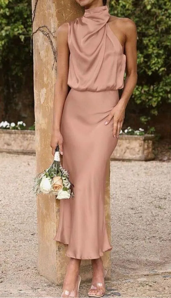 NEW Satin Dress Sleeveless Mock Neck Wedding Guest S - Image 2