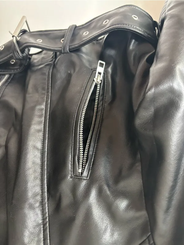 Zara Black Vegan Faux Leather Cropped Biker Moto Jacket Belted - Image 10