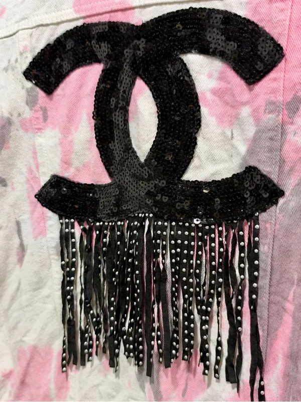Pink Splatter Sequin Fringe Embellished Denim Jacket S Styled By Coco White - Image 4