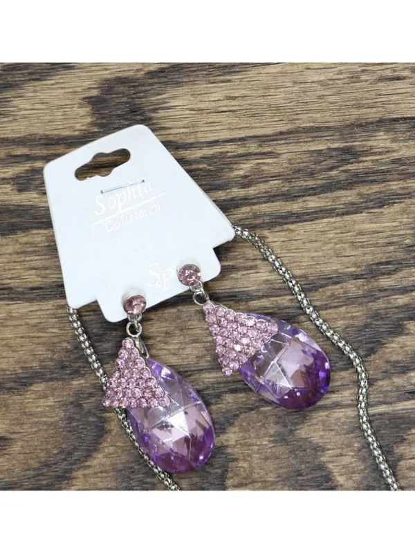 NWT Sophia Collection Studded Triangle Necklace Earring Set Silver / Purple 30" - Image 2