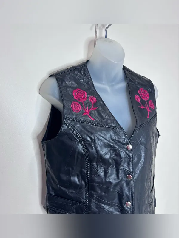 Diamond Plate 100% Buffalo Leather Vest Pink Rose Embroidery Biker small goth Black - Image 2