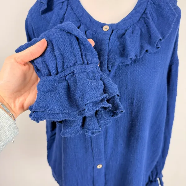 Free People Ruffled Neck Button‎ Front Cotton Shirt Blue Size L G - Image 3