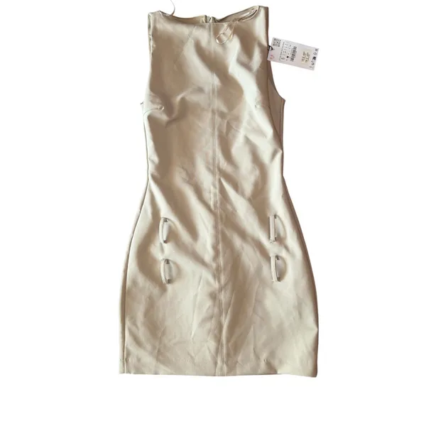 ZARA Women Beige Sleeveless Sheath Dress Boat Neck Belt Loop Detail Small NWT - Image 5