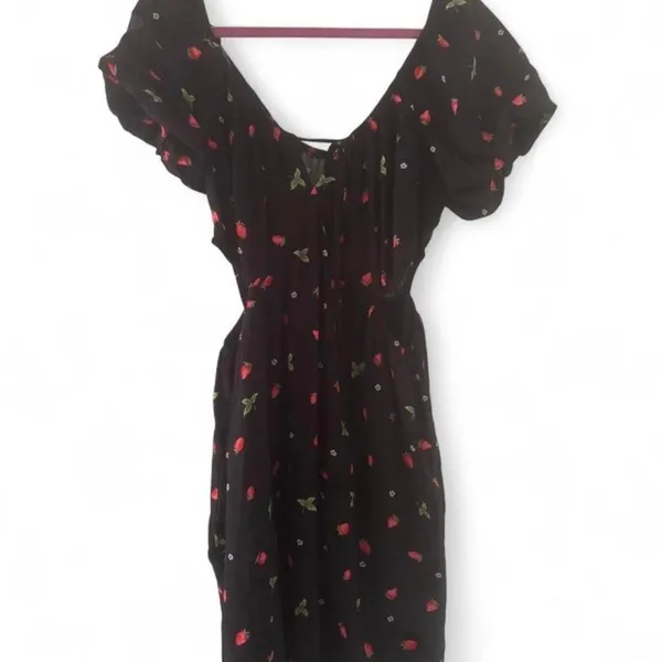 Black cut out Milk maid cottage core strawberry print dress - Image 2