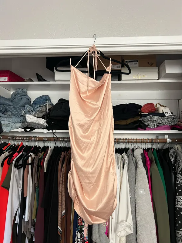 Leau Cabo gold satin adjustable strappy rouched mini dress M NWT - Image 8