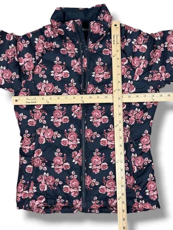 The North Face Flare Jacket Women Small Blue Pink Floral Down Puffer Coat Zip Up - Image 11