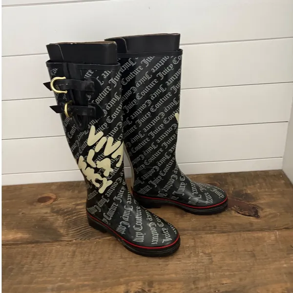 Juicy Couture Black Logo Tall Rain Boots Buckle‎ Detail Women's Size 7 - Image 2