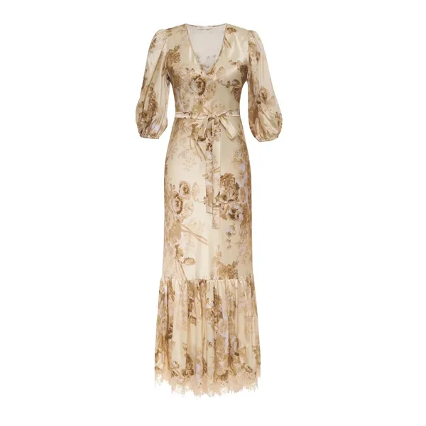 Gold Hawk 100% Silk Floral V Neck Belted Maxi Dress Eyelash Lace Trim Womens XS - Image 2