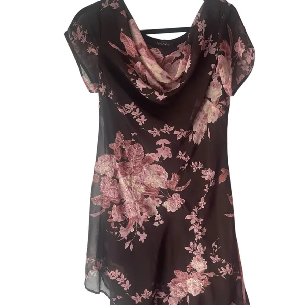 Connected Y2k Pink‎ Brown Fairy Beaded Floral Tiered Chiffon Midi Dress - Image 2