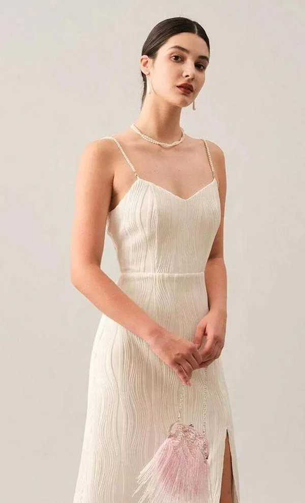 RIHOAS The Wave Textured Pearl Strap Midi Dress S - Image 4