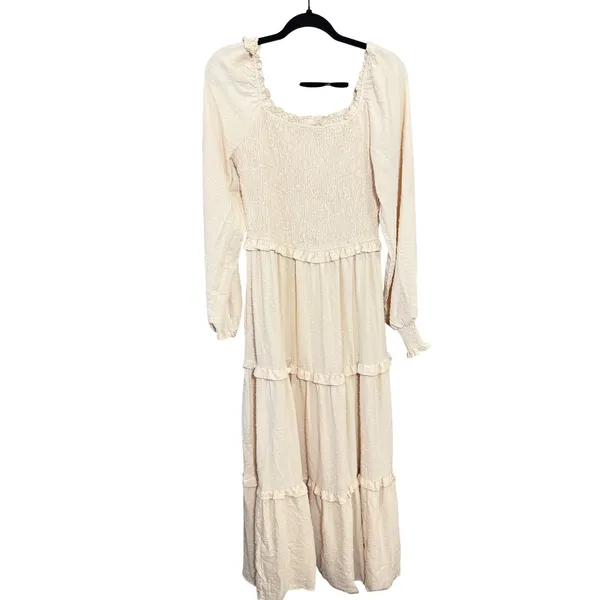 PrettyGarden Cream‎ Swiss Dot Smocked Tiered Maxi Dress Long Sleeve Beige Medium - Image 2