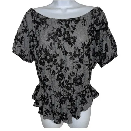 FREE PEOPLE Black and Gray Floral Peplum Hem‎ Top Size Medium - Image 2