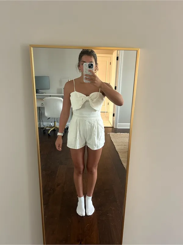 Altar'd State Cream Bow-Front Spaghetti Strap Romper - Image 2