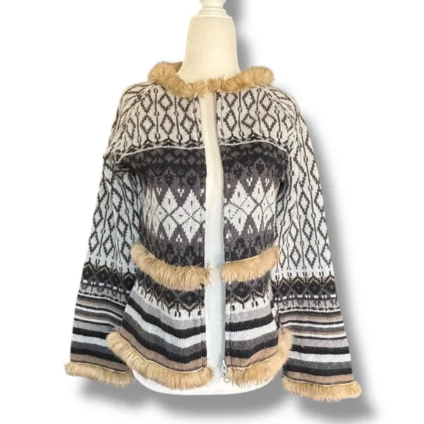 Vintage Y2K Fair Isle Shetland Wool Knit Cardigan Rabbit Fur Trim Belted Scarf‎ - Image 3