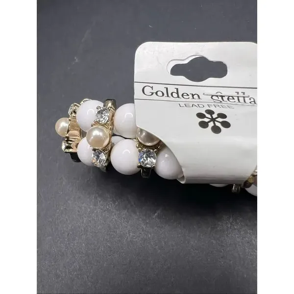 New! Golden Stella White Bead Faux Pearl Rhinestone Stretch Bracelet - Image 4