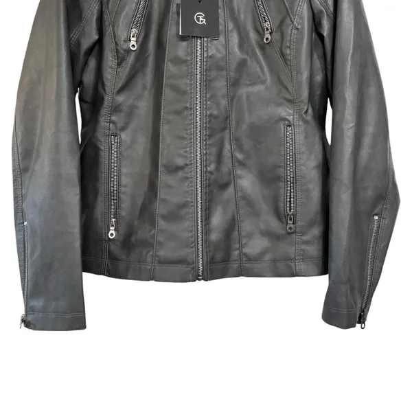 Tagoo Vegan Faux Leather Gray Biker Moto Zip Up Grunge Jacket NWT Large - Image 5