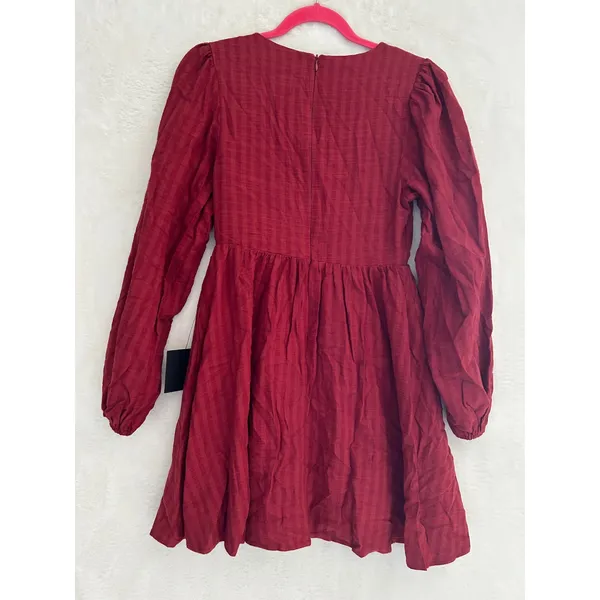 Lulus Wine Red V-Neck‎ Puff Sleeve Babydoll Mini Dress Textured Small NWT - Image 6