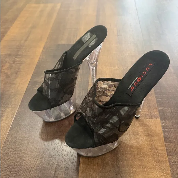Lucious Clear Platform Heels Size 8 Black Lace Exotic Dancer Pleaser Mules - Image 3