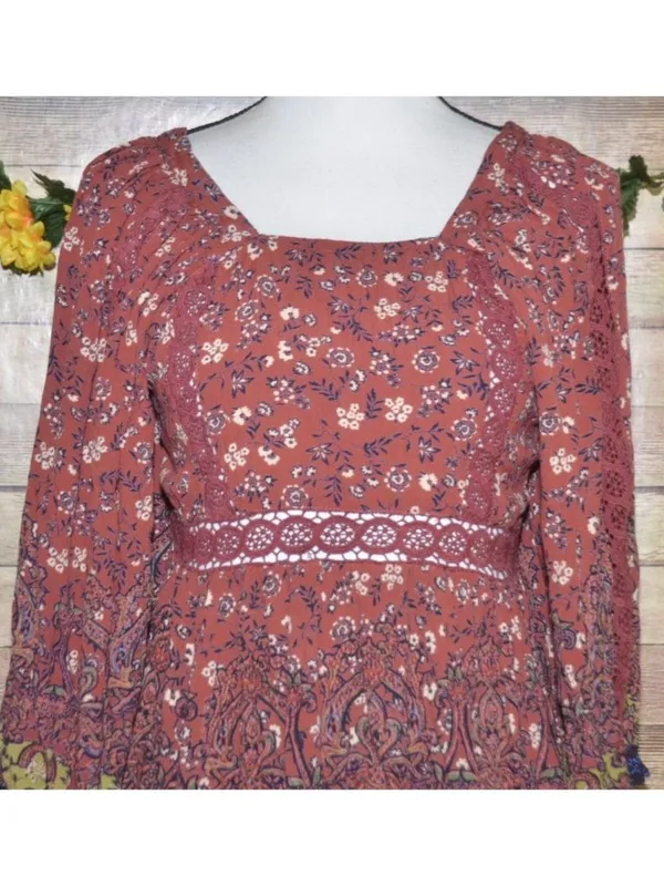 Angie Dress Womens Size L Floral Boho Puff Bell Sleeve Midi Smocked Lace - Image 2