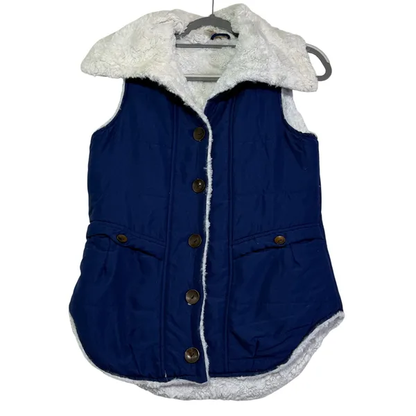 Red Camel Vest Womens Small Blue Faux Fur Trimmed Sleeveless Padded‎ Button - Image 2