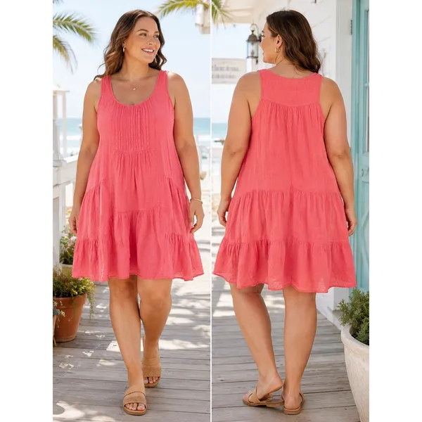 Tempo Paris Lagenlook Dress Womens XL Pink Linen Tiered Sleeveless Made Italy - Image 2