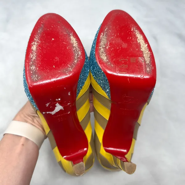 Christian Louboutin Foraine 140 Bow Striped Leather Glitter Platform Pumps Heels - Image 12