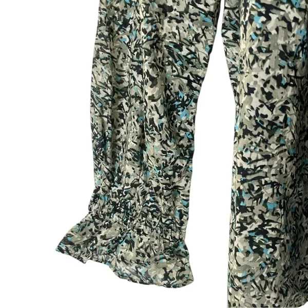 LOFT Pintucked Ruffle Mock Neck Floral Blouse Medium Black Green Cotton Boho Top - Image 5