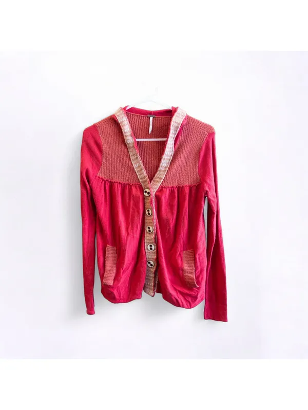Free People Elga Babydoll Wool Hooded Cardigan Red Women XS - Image 3