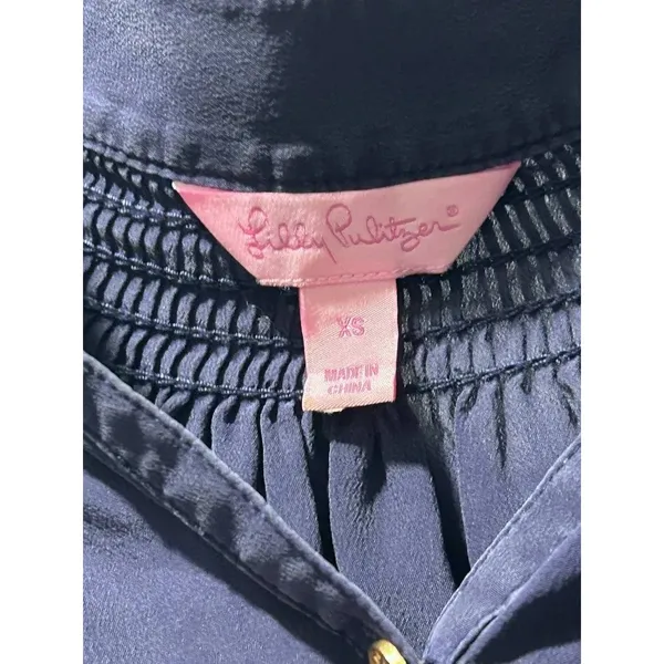 Lilly Pulitzer Blouse Womens XS Navy Pink Excellent Silk Smocked Colorblock Top - Image 6