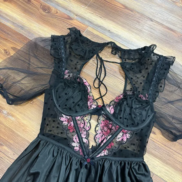 For Love & Lemons Juliet Puff Sleeve Lace Satin Mini Dress - Image 6