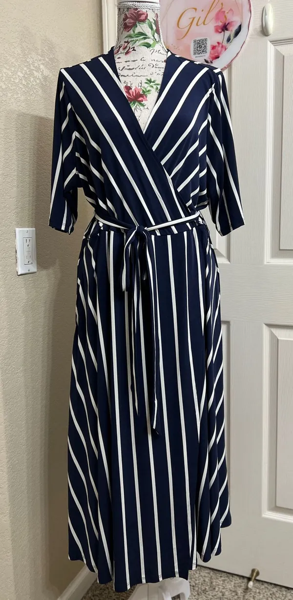 Torrid NWT Navy Blue & White Striped Wrap Maxi Dress 2X Plus Size - Image 2