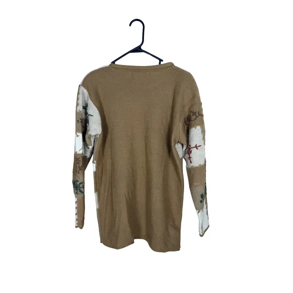 Jaclyn Smith Womens Patchwork Floral Knit Sweater Tan Cream Green Size M - Image 7