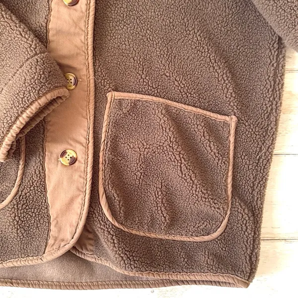 H&M Womens M Brown Fleece Sweater Coat Button Hooded Jacket Faux Sherpa Medium - Image 2