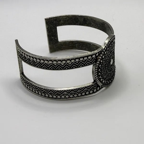 Boho Geometric Wide Cuff‎ Bracelet Adjustable Abstract Silver Tone Hippie Chic - Image 3