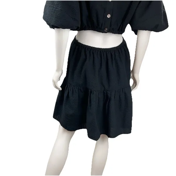 Madewell Seersucker Back Cutout Summer Dress Button Back Puff Sleeve Black‎ L - Image 5