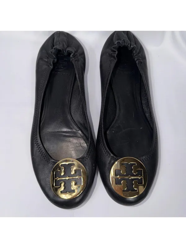 Tory Burch Reva Ballet Flats Women’s Size 7.5 Black Leather Gold Logo - Image 2
