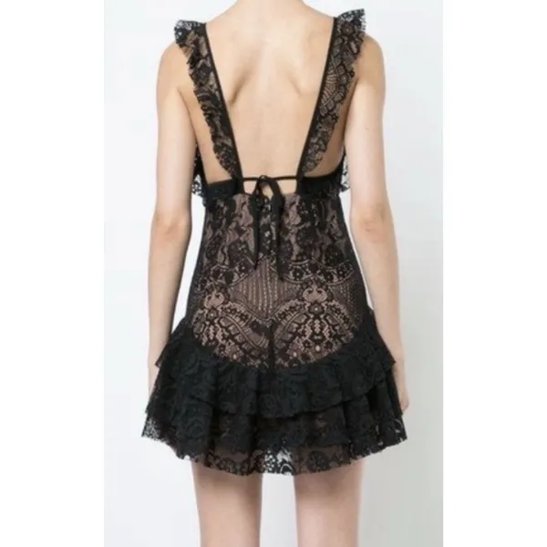 For‎ Love & Lemons Tati Lace Mini Ruffle Dress Black Size Medium Lace Sexy - Image 2