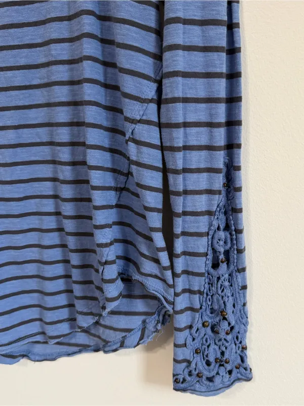 Free People Striped Blue Long Sleeve Top Size Large Shirt Boho Cotton - Image 6