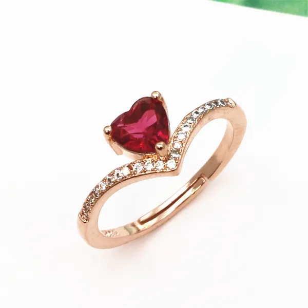 14K Rose Gold Plated Adjustable Red Crystal Love Heart Ruby Wedding Ring for Women - Image 2