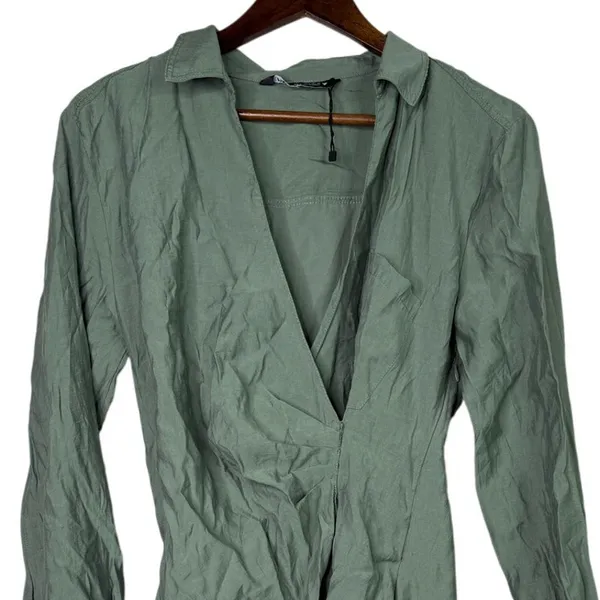 Zara Long Sleeve Tunic Wrap Style Mini Dress Collard V Neck Button M Sage Green - Image 4