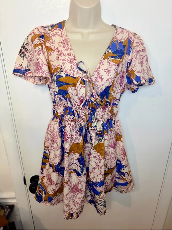Band Of The Free Free People Blouson Mini Floral Multicolor Short Sleeve Dress S - Image 3