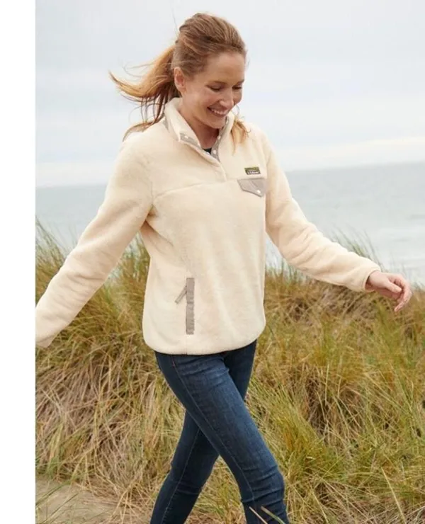 L.L.Bean Hi-Pile Fleece Pullover cream and gray size large - Image 16