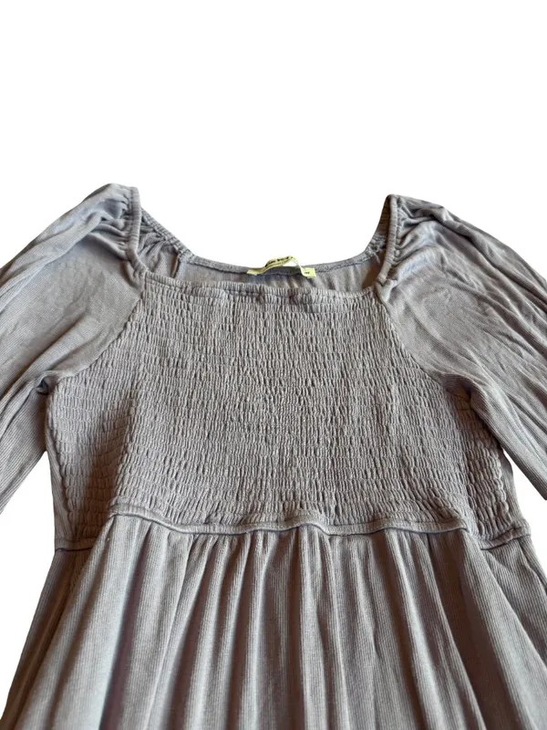 Three Bird Nest Purple Flowy Dress Smocked Long Sleeve Stretchy Size Medium - Image 4