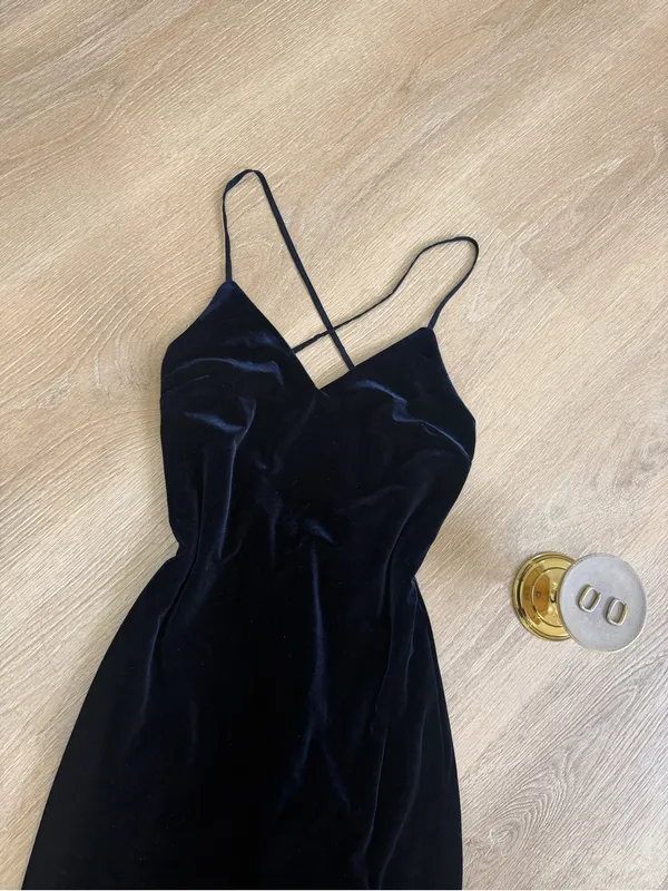 Bardot Navy Blue Velvet Midi Dress, Open Back Evening Dress with High Slit XS - Image 7