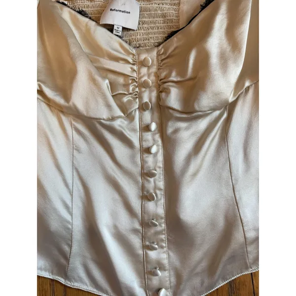 Reformation Womens Blouse sz 12 Beige Silk Puff Sleeve - Image 3